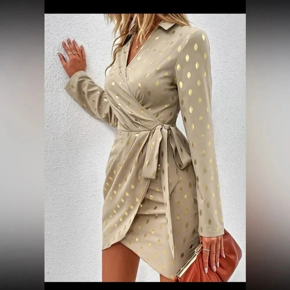 SHEIN Clasi Gold Dot Print Knot Side Wrap Dress Size M - Picture 3 of 7
